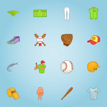 Baseball icons set. Cartoon illustration of 16 baseball vector icons for web