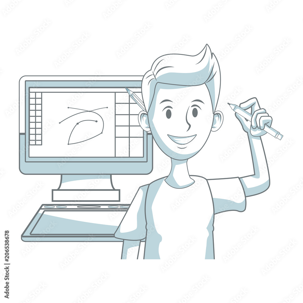 Poster graphic designer working with computer vector illustration graphic design