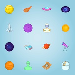 Space icons set. Cartoon illustration of 16 space vector icons for web