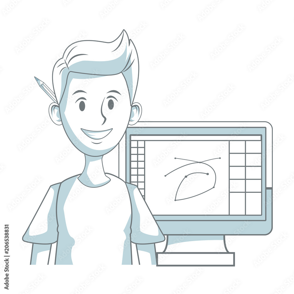 Poster graphic designer working with computer vector illustration graphic design