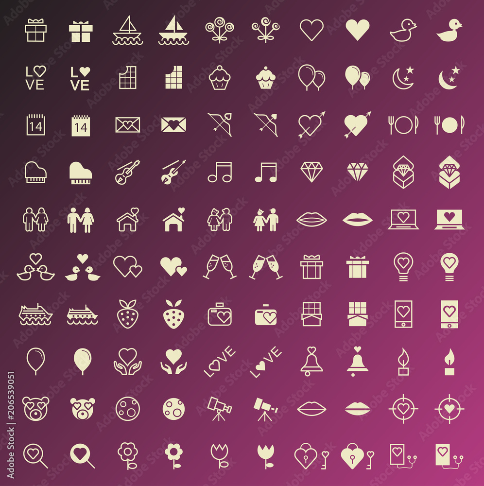Poster set of 100 outline and solid love icons . vector isolated elements