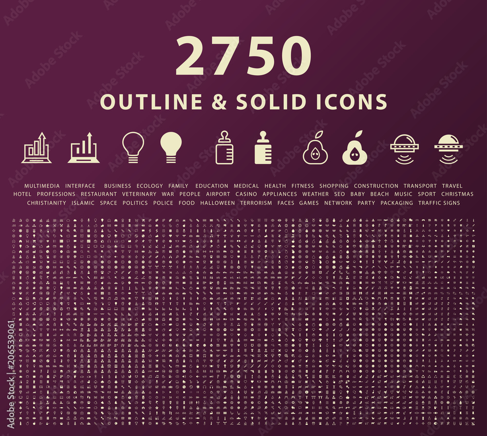 Poster set of 2750 outline and solid icons . vector isolated elements