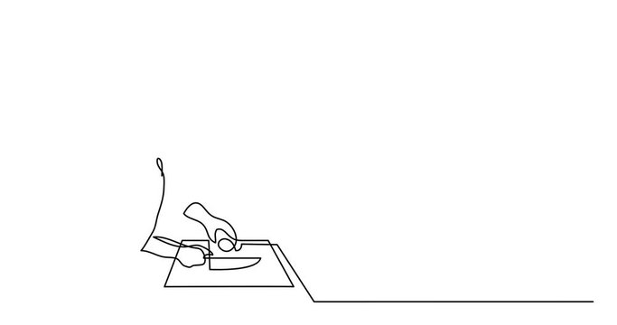 Self drawing animation of continuous line drawing of chef cutting food ingredients