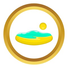 Beach and sun vector icon in golden circle, cartoon style isolated on white background