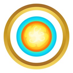 Sun in the sky vector icon in golden circle, cartoon style isolated on white background