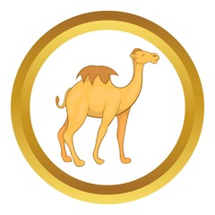 Camel vector icon in golden circle, cartoon style isolated on white background