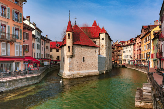 The Palais de l'Isle and Thiou river in the morning in old city of Annecy, Venice of the Alps, France