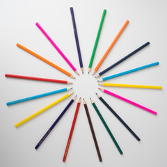 Color pencils in arrange in color wheel