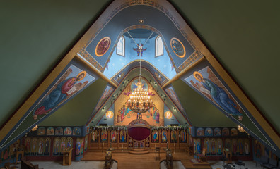 Obraz premium Interior of Saints Peter and Paul Antiochian Orthodox Church. Parish of the Antiochian Orthodox Christian Archdiocese of North America in Ben Lomond, California.
