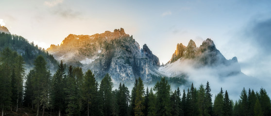 Forest and mountain range at sunrise landscape.