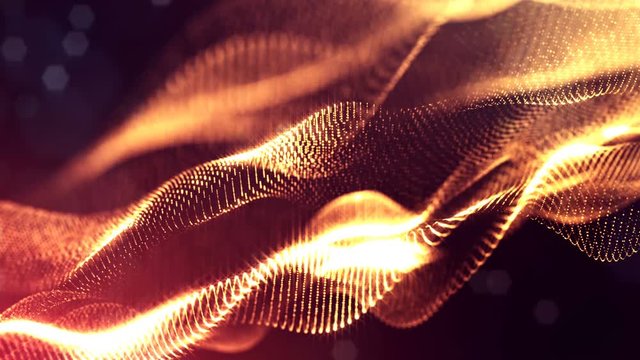 3d loop animation as digital science fiction background of glowing particles like in nano world with depth of field, bokeh. Particles form line, surface grid or mysterious virtual space. Red gold 40 - Powered by Adobe