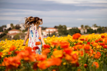 Happy Girl Running through Flower Field Colorful, Fun, Bright, run, skip, action, run