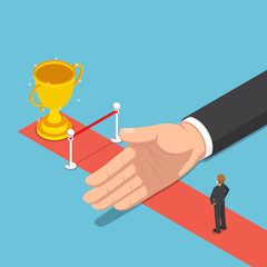 Isometric big hand hinder businessman from finish line and trophy