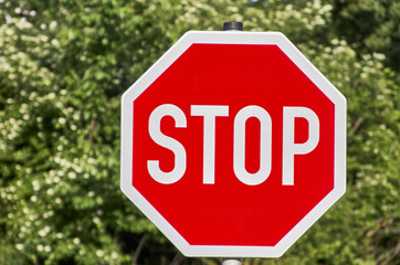 road sign stop. against the background of the forest