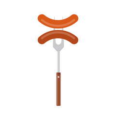 Sausage on barbecue fork. Grilled sausage. Vector illustration flat design. Isolated on white background.