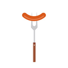 Sausage on barbecue fork. Grilled sausage. Vector illustration flat design. Isolated on white background.