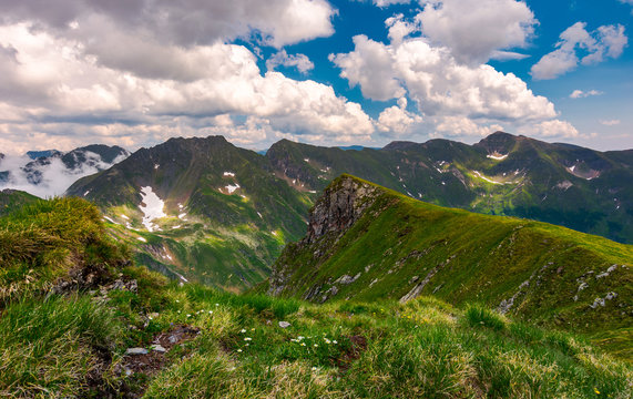 grassy hill on rocky cliffs of Fagaras mountains. beautiful summer landscape of Southern Carpathians, Romania
