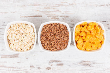 Products and ingredients containing vitamin B2 and dietary fiber, healthy nutrition concept