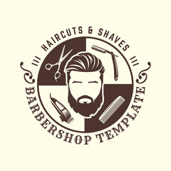 Barbershop logo template, vintage or retro style, with bearded man and barber tools
