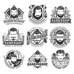 12 set of vintage Barbershop logo template collection, retro style pack, with bearded man and barber tools