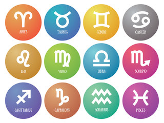 Zodiac signs: aquarius, libra, leo, taurus, cancer, pisces, virgo, capricorn, sagittarius, aries, gemini, scorpio. Astrological calendar collection, zodiacal color vector horoscope. Colorful elements