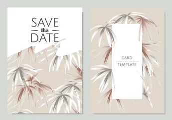 Zelfklevend Fotobehang Greeting/invitation card template design, rose gold and white palm leaves © momosama