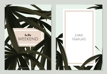 Zelfklevend Fotobehang Greeting/invitation card template design, green palm leaves with frame on light green background © momosama