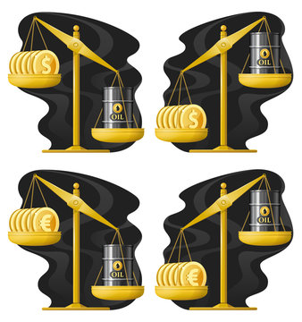 Libra. Oil price rate up and down. Dollars and oil barrel. Euro and oil barrel. Vector illustration. Elements is grouped.