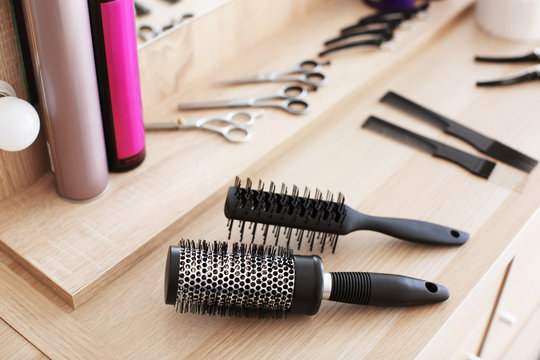 Hairdresser's tools on table, closeup
