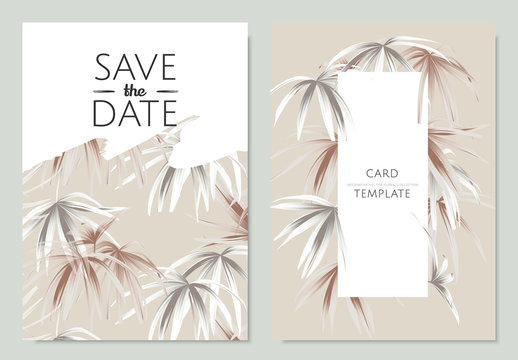 Greeting/invitation card template design, rose gold and white palm leaves