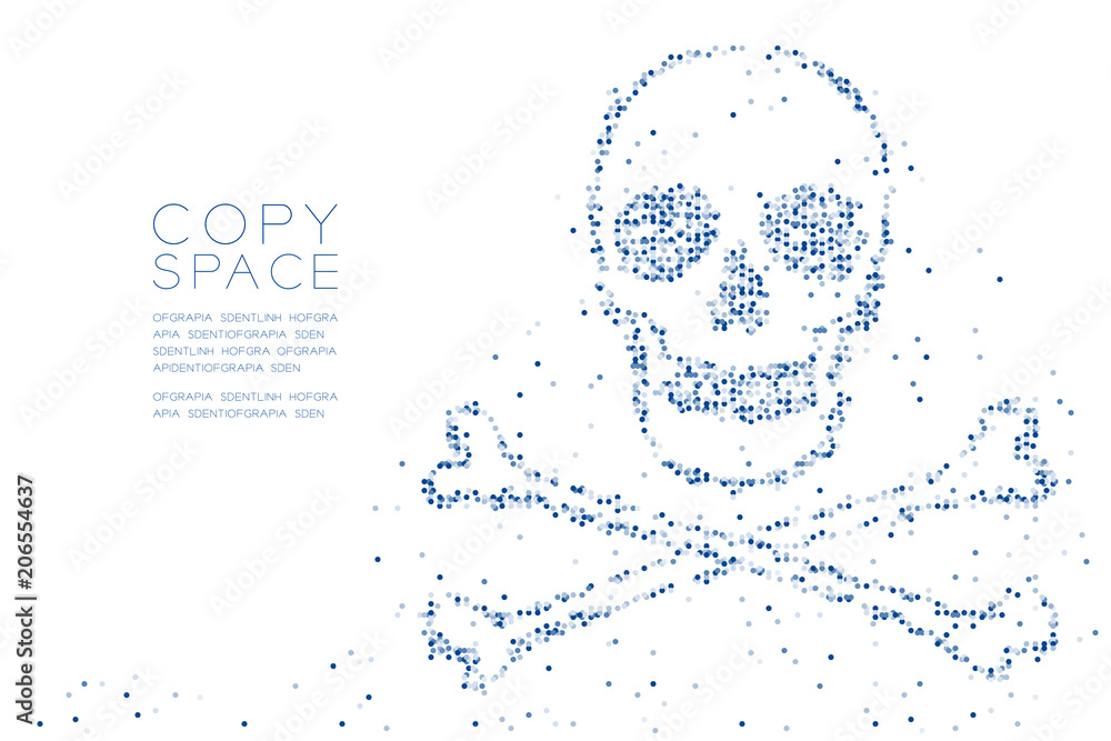 Poster abstract geometric circle dot pixel pattern skull and crossbones shape, dangerous concept design blu
