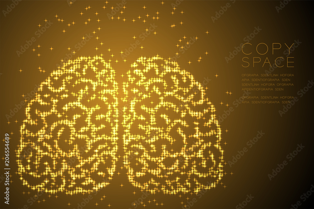 Aufkleber abstract shiny star pattern brain front view shape, creative science concept design gold color illus