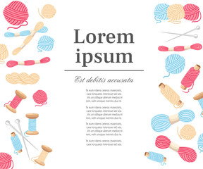 Sewing needle and threads. Thread spool, ball of yarn. Vector illustration on white background. Place for your text