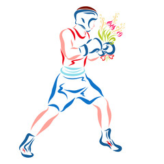 Fototapeta premium Boxer with helmet and gloves with a bouquet of flowers