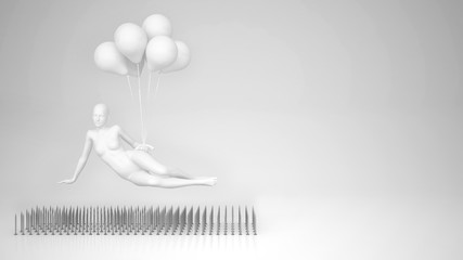 White woman mannequin hanging on balloons levitating on nail trap on blank background, minimal pop art color with copy space, women overcome troubles idea