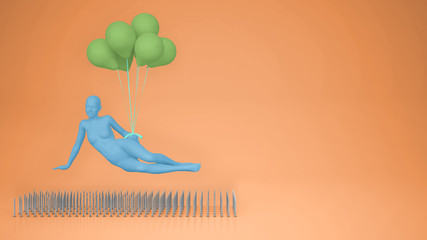 Blue woman mannequin hanging on green balloons levitating on nail trap on orange pastel background, minimal pop art color with copy space, women overcome troubles idea