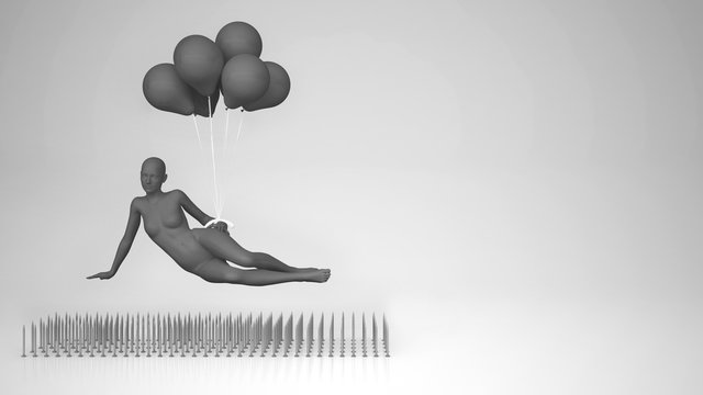 Gray woman mannequin hanging on balloons levitating on nail trap on blank background, minimal pop art color with copy space, women overcome troubles idea