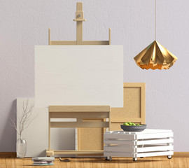 Modern interior design in Scandinavian style with coffee table and easel. Mock up poster. 3D illustration.