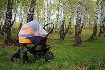 baby carriage orange-black with a mosquito grid the green birch wood