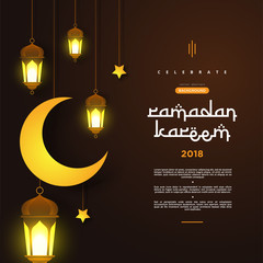 Ramadan Kareem concept banner with islamic geometric patterns and arabic calligraphy. lightning traditional lanterns, moon and stars on dark brown background color. Vector illustration
