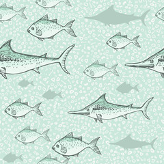 Obraz premium Seamless background of drawn sketches of fish. Hand-drawn illustration