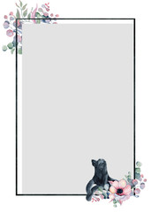 Watercolor floral arrangements  
 with black panther Hand drawn illustration