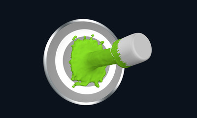 Farbe ins Leben! grüner Farbstrahl auf Zielscheibe. 3d render