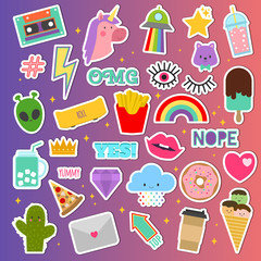 Patch stickers vector sticky patching badge or embroidery for patchwork illustration set of patchy cartoon heart rainbow or unicorn isolated on background