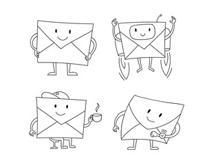 Envelopes letter waiting to be send subscription. Character collection set vector stock clipart illustration. Hand drawn black line.