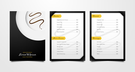 Menu restaurant template layouts in modern minimal design with brown sauce on part of white dish on black color background with yellow elements
