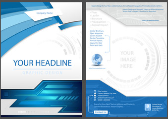 Flyer Template Front and Back Design in Blue Tech Style - Modern Graphic Illustration, Vector