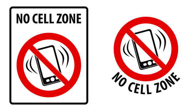 No cell zone sign. Simple black lines drawing of mobile phone symbol in red crossed circle. Rectangle and round version.