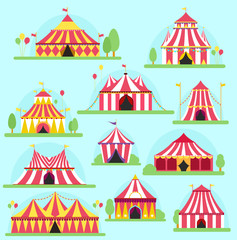 Fototapeta na wymiar Circus vector tent facade marquee marquee stripes flags carnival entertainment balloons lelements flat illustration. Circus red tents entertainment. Carnival festival park arena celebration