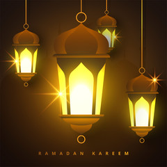 Ramadan Kareem concept banner with islamic geometric patterns and arabic calligraphy. lightning traditional lanterns, moon and stars on dark brown background color. Vector illustration